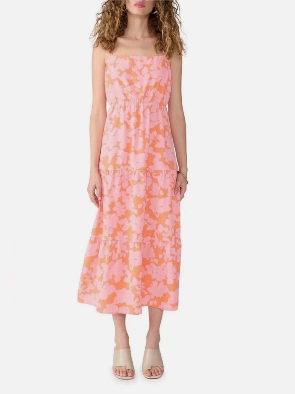 🌸🍊Social Standard by Sanctuary Smocked Pink Orange Tiered Sleeveless Dress LG